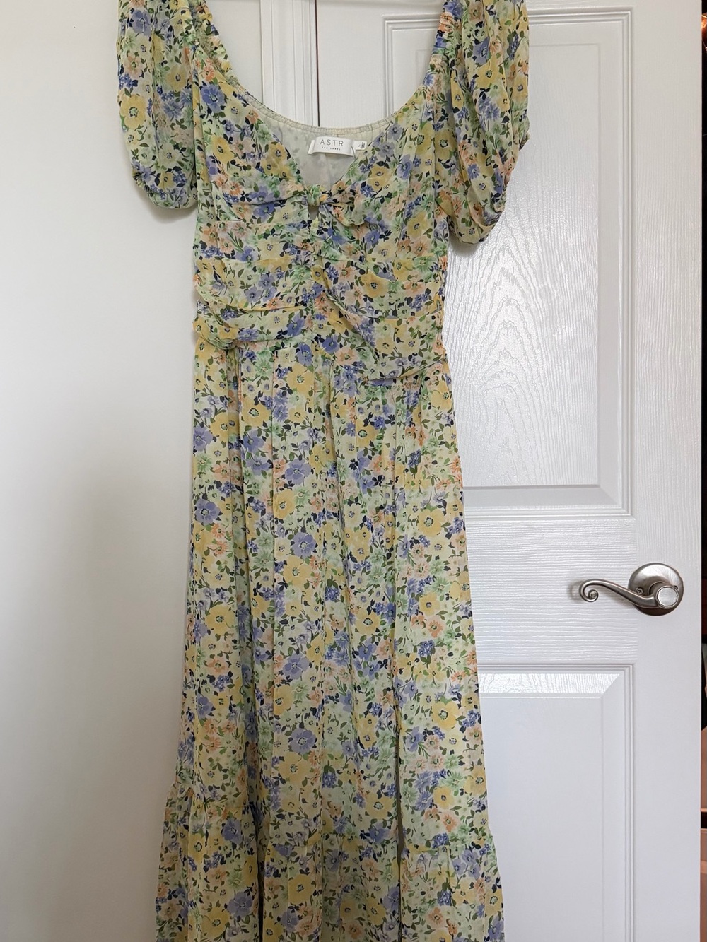 ASTR Yellow Floral Puff Sleeve Maxi Dress with Lavender Blooms